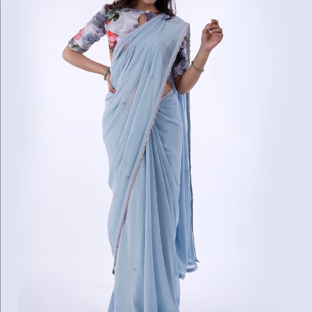Powder blue blouse saree with blouse